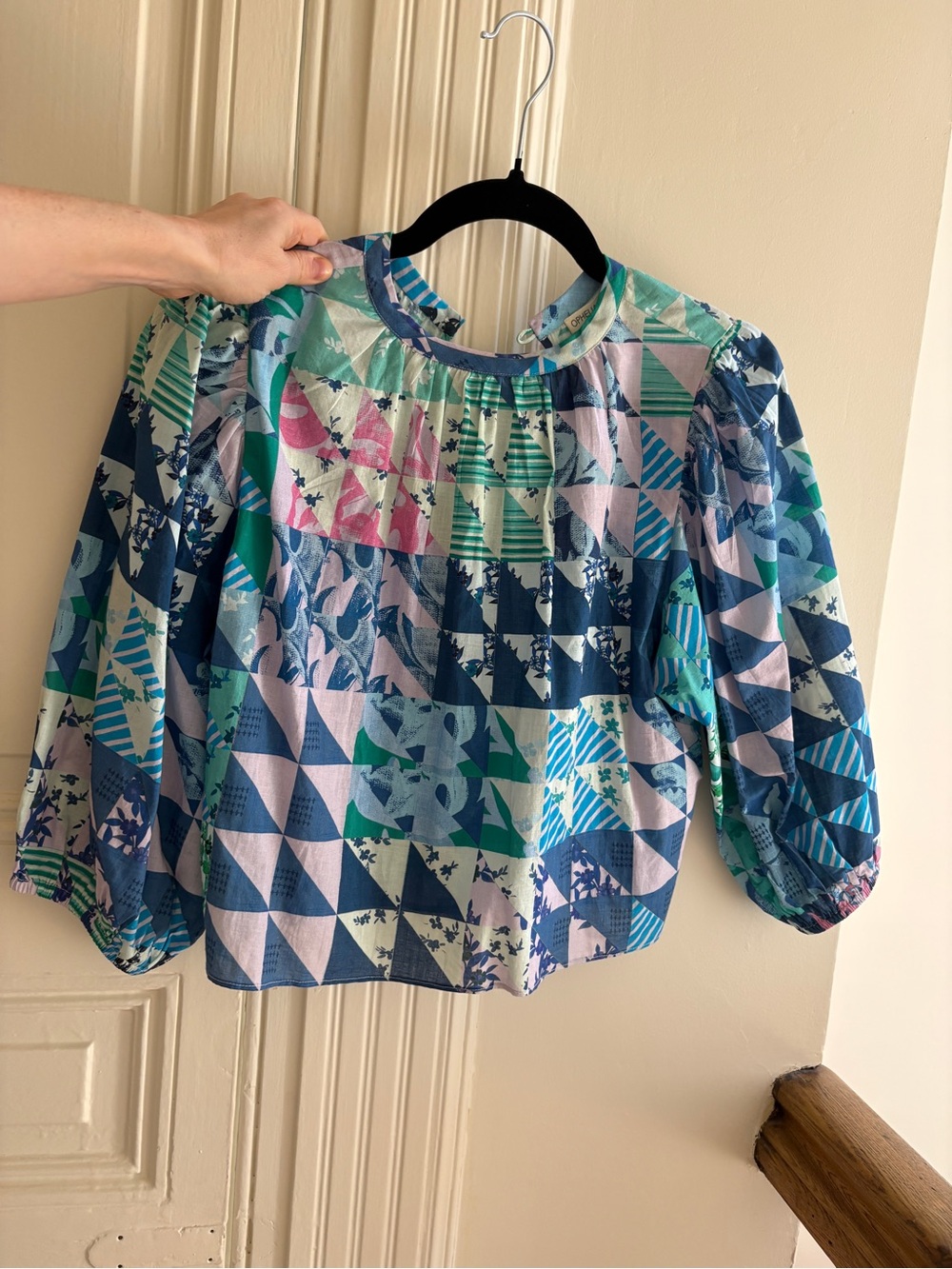 Geometric Print Peasant Top - Blue Multi